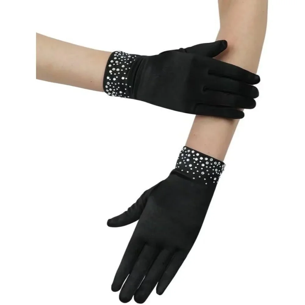 Women's Black Sparkly Glitter Rhinestone Stretchy Satin Wrist Length Gloves